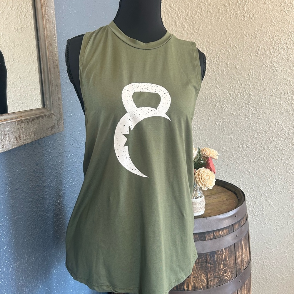 Olive Green Sleeveless Tank with White Crescent Kettlebell Graphic